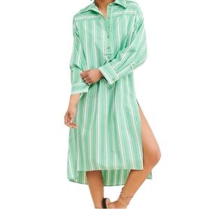 Anthropologie Long Sleeve Popover caftan Shirt Dress in Kelly Green Stripe L/XL